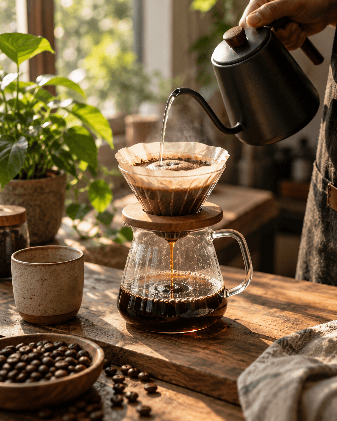 Pour-over coffee being brewed at a wooden counter