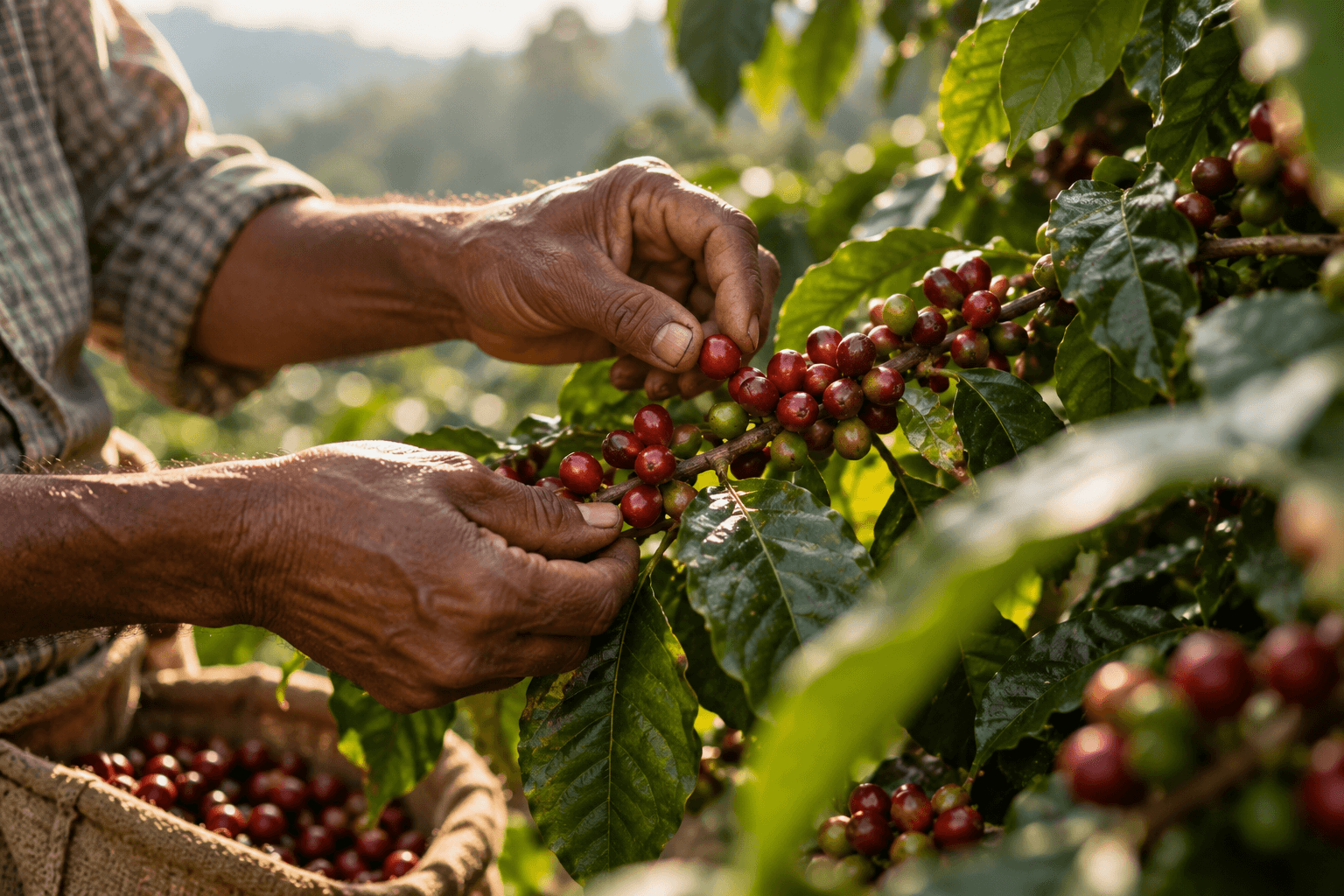 Hands picking ripe coffee cherries from the branch