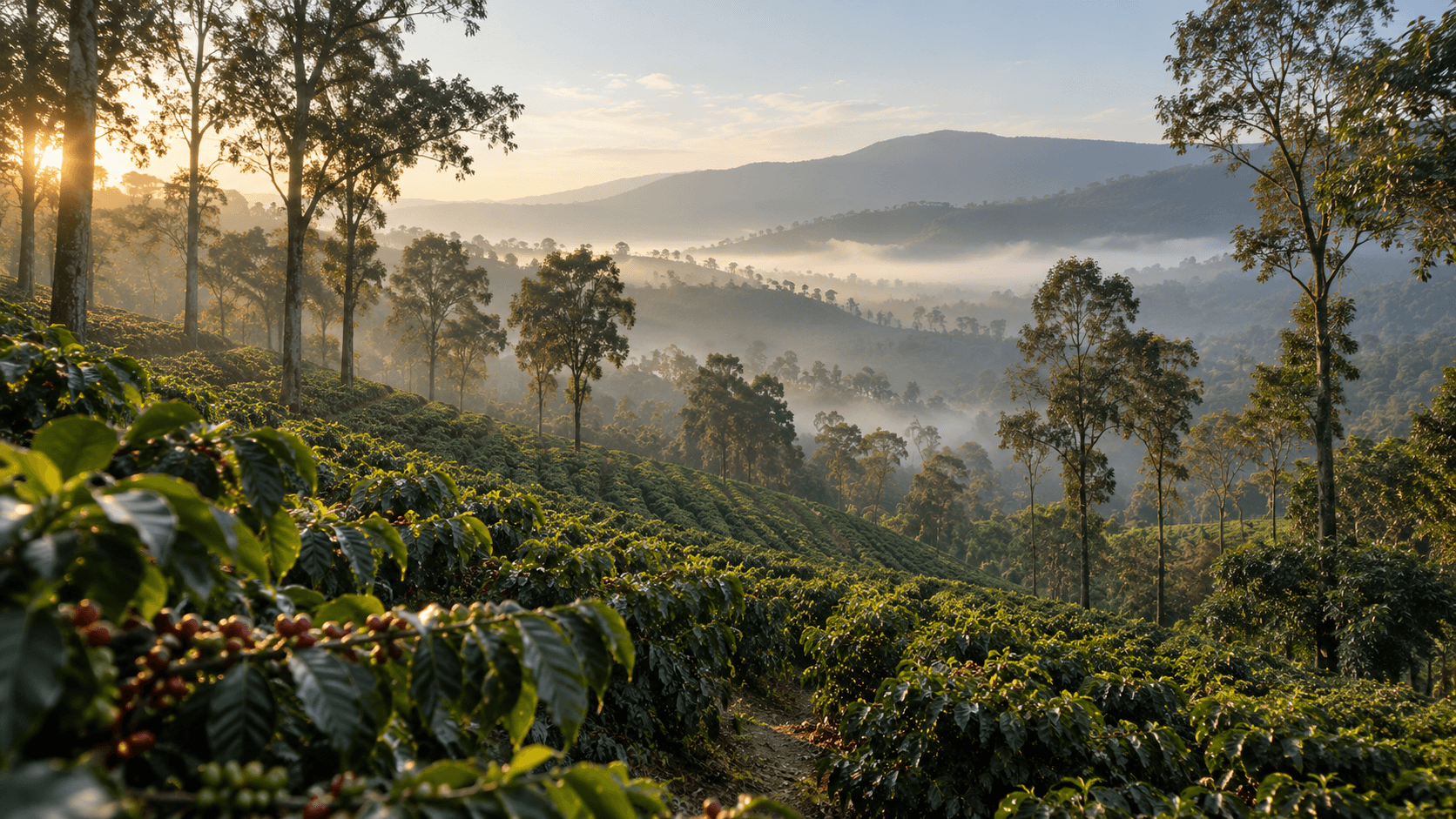 Coffee estate in the hills at early morning