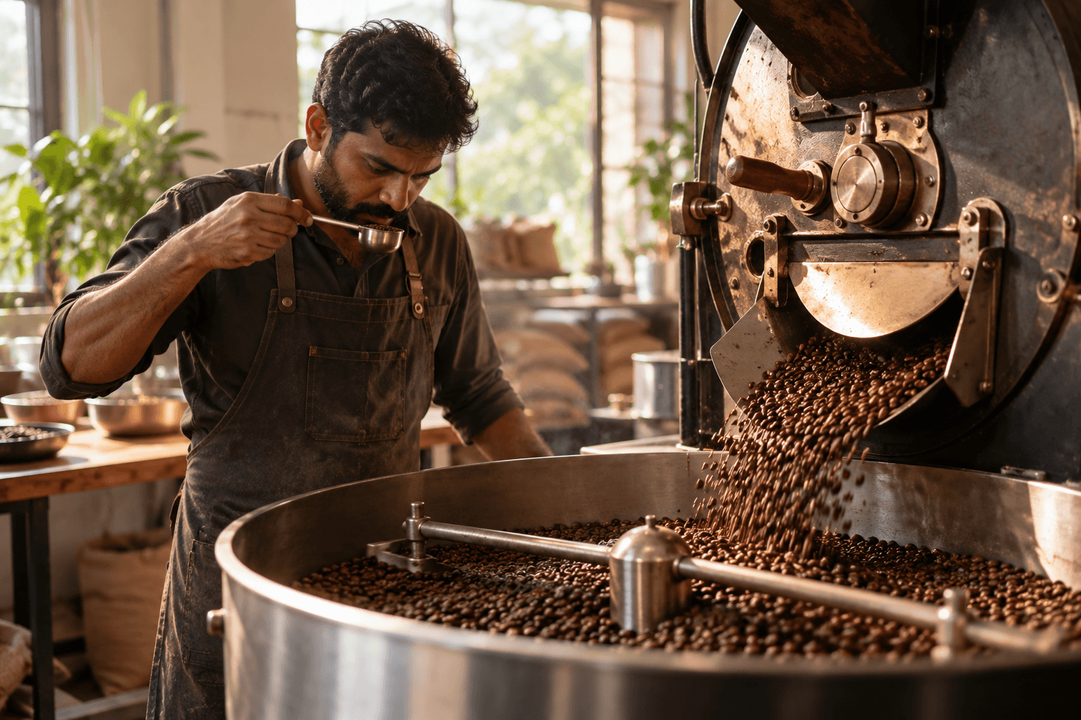 Roaster checking beans during a small-batch roast