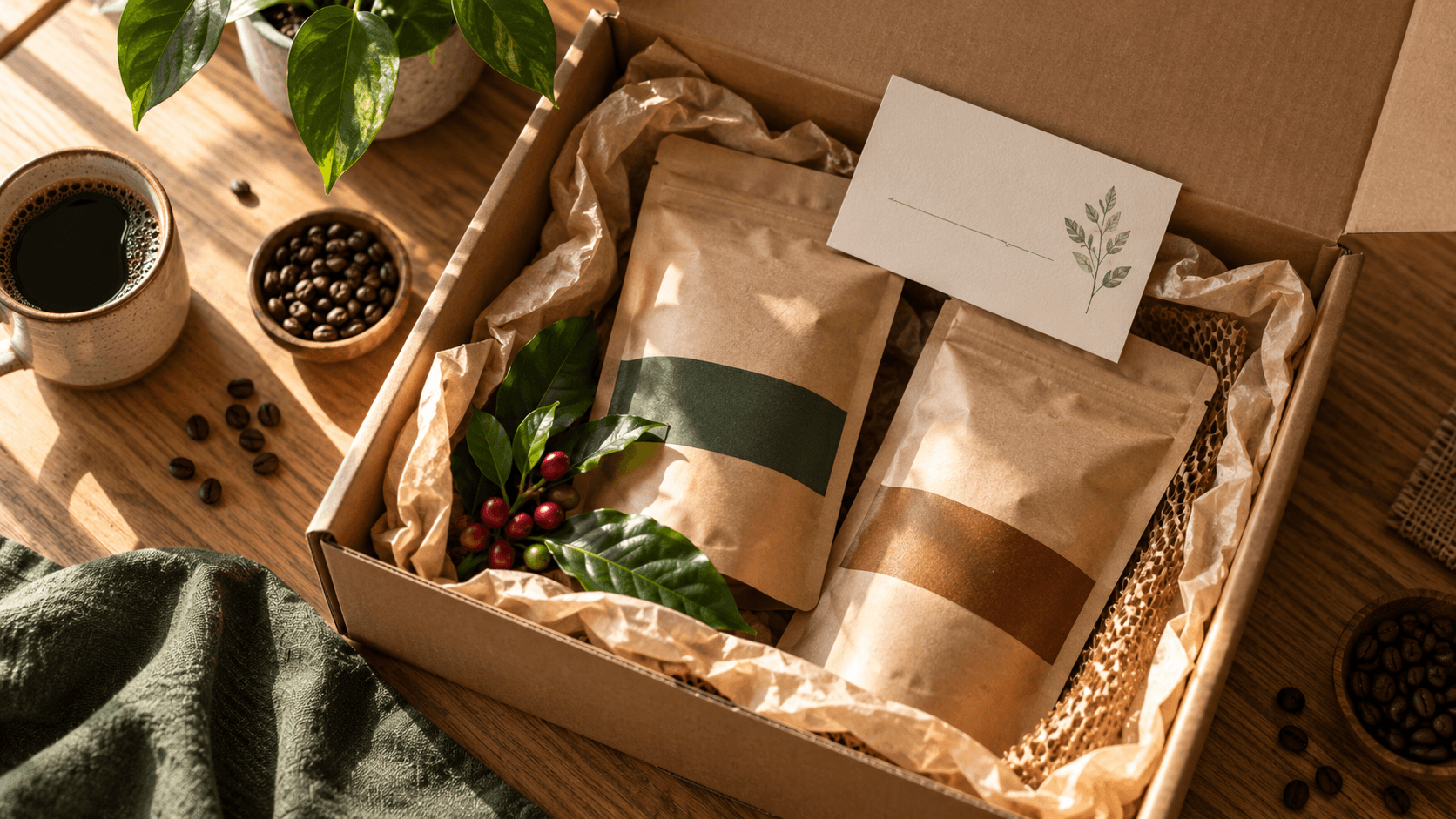 Open box with two bags of coffee and a note